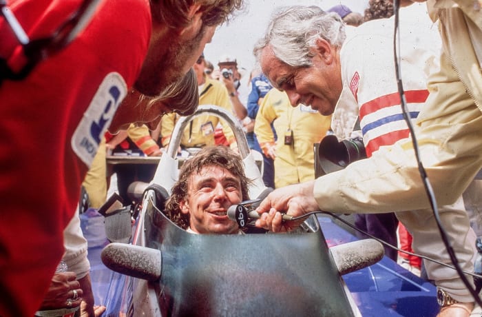 In 1982, Penske (right) got in a last pre-race word with Mears before the driver finished second to Gordon Johncock.